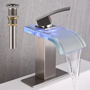 LED Light Waterfall Bathroom Sink Faucet Single Handle Vanity Mixer Tap with Drain