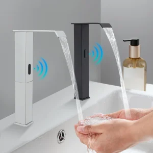 Touchless Sensor Faucet with Waterfall Spout Adjustable Temperature Black Finish