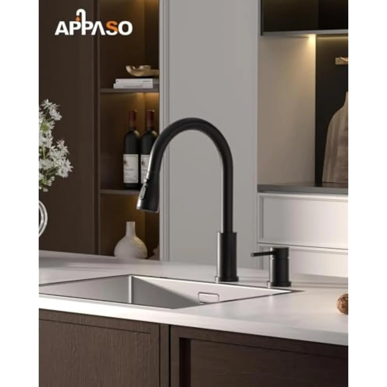 Matte Black Kitchen Faucet 2 Hole Pull Down Sprayer High Arc Sink Mixer with Side Handle - Image 2