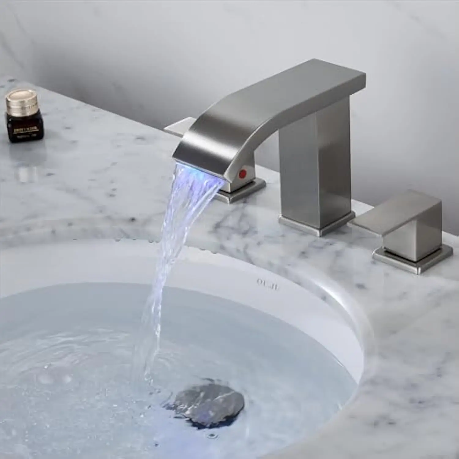 Brushed Nickel 3 Hole Widespread Bathroom Faucet with LED Light and Pop-Up Drain - Image 4
