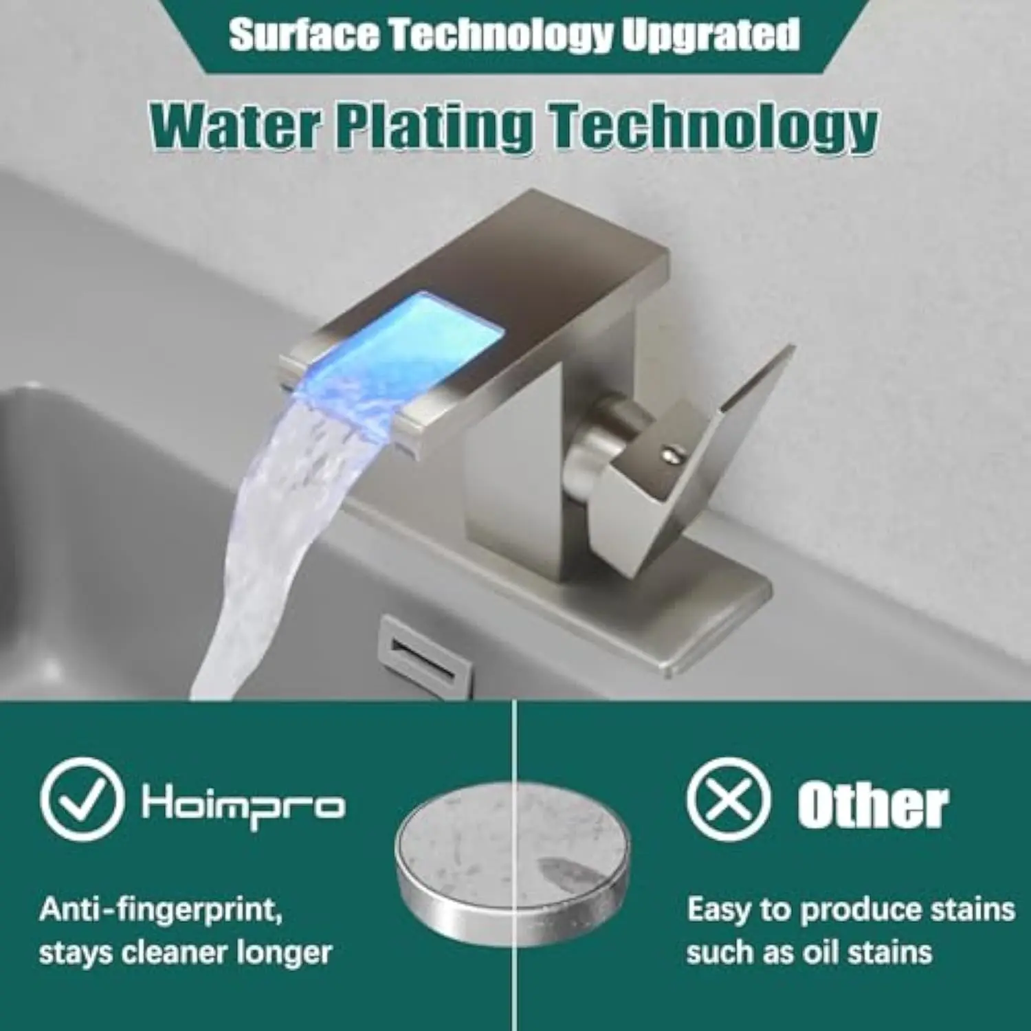 LED Waterfall Bathroom Sink Faucet Single Handle 3-Color Changing Brushed Nickel Tap - Image 3