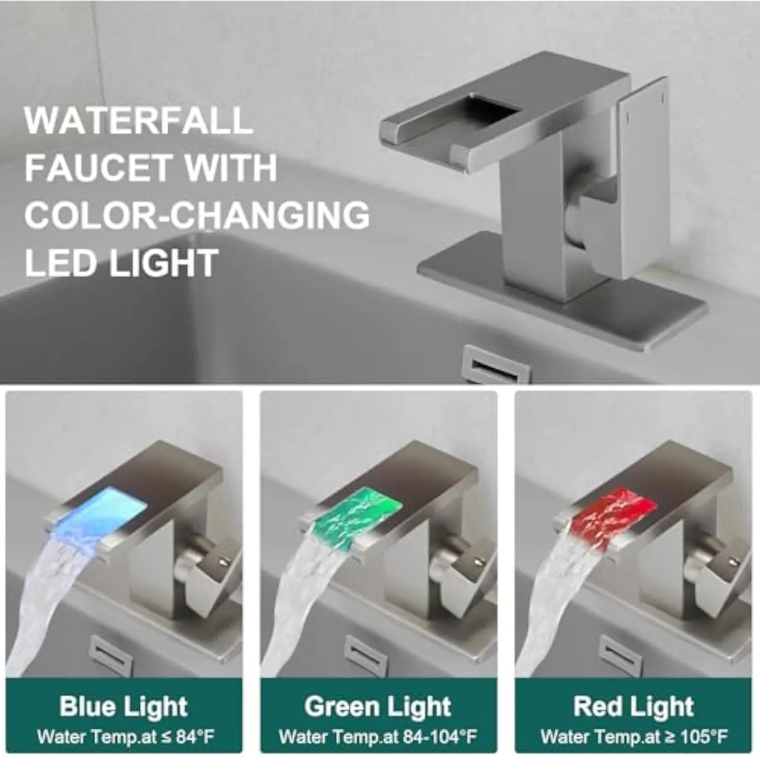 LED Waterfall Bathroom Sink Faucet Single Handle 3-Color Changing Brushed Nickel Tap - Image 2