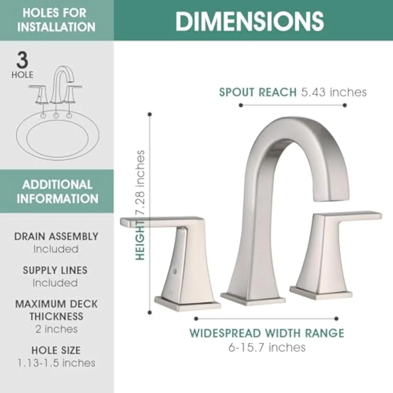 Stainless Steel 3 Hole Bathroom Sink Faucet with Two Handles and Pop-Up Drain Set - Image 4