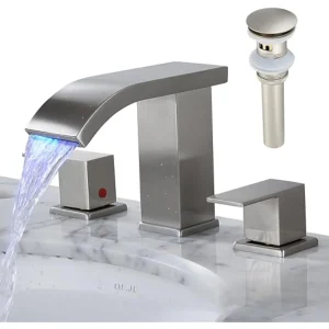 Brushed Nickel 3 Hole Widespread Bathroom Faucet with LED Light and Pop-Up Drain