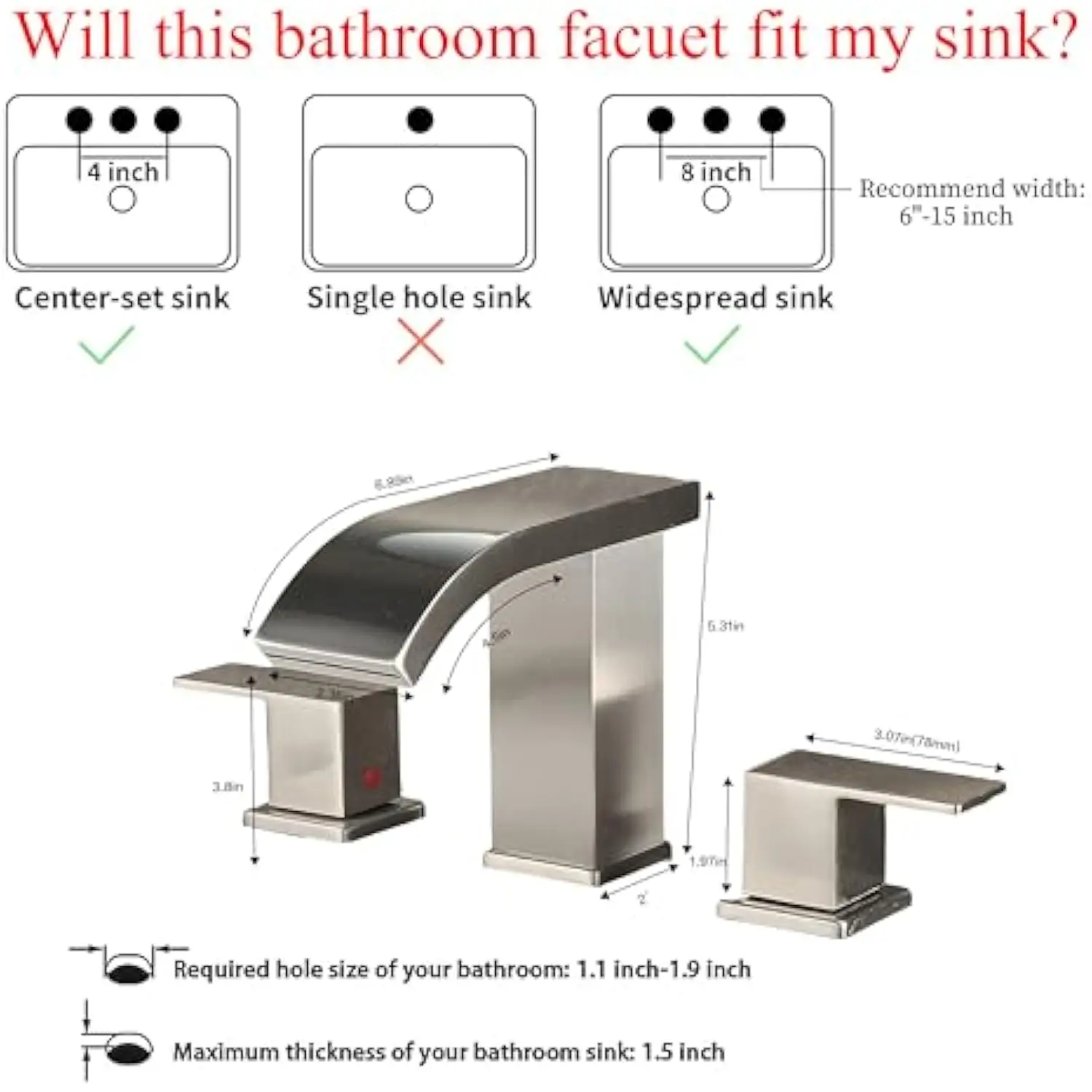 Brushed Nickel 3 Hole Widespread Bathroom Faucet with LED Light and Pop-Up Drain - Image 3