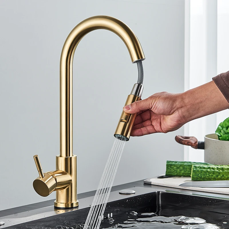 Brushed Gold Pull Out Kitchen Faucet Single Handle 360 Rotation Sink Mixer Tap - Image 5