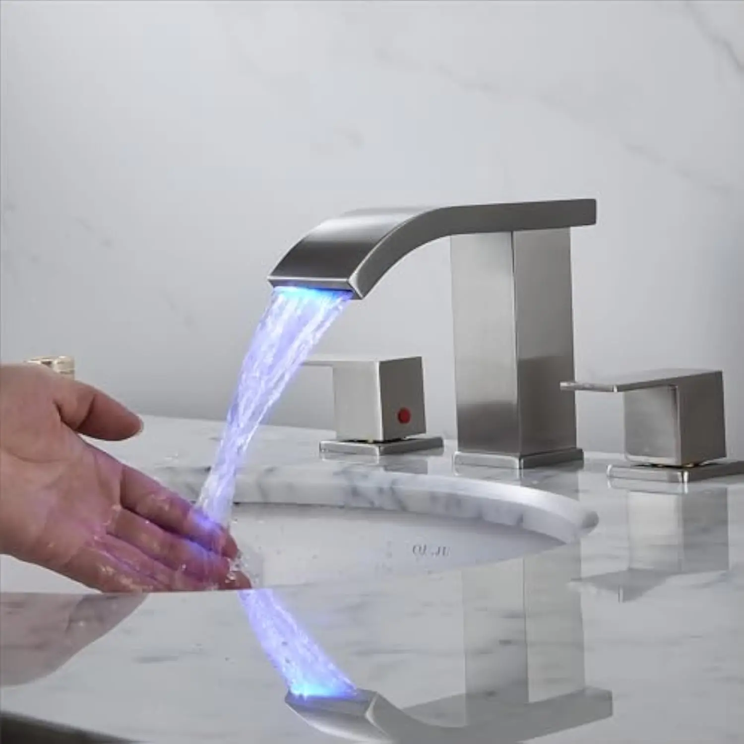 Brushed Nickel 3 Hole Widespread Bathroom Faucet with LED Light and Pop-Up Drain - Image 5