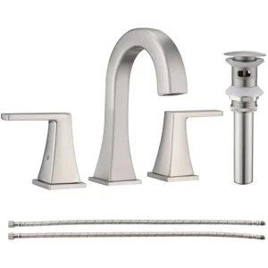 Stainless Steel 3 Hole Bathroom Sink Faucet with Two Handles and Pop-Up Drain Set