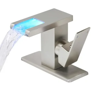 LED Waterfall Bathroom Sink Faucet Single Handle 3-Color Changing Brushed Nickel Tap