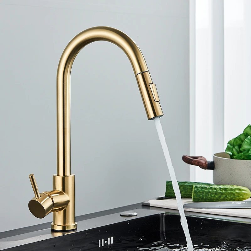 Brushed Gold Pull Out Kitchen Faucet Single Handle 360 Rotation Sink Mixer Tap - Image 4