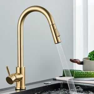 Brushed Gold Pull Out Kitchen Faucet Single Handle 360 Rotation Sink Mixer Tap