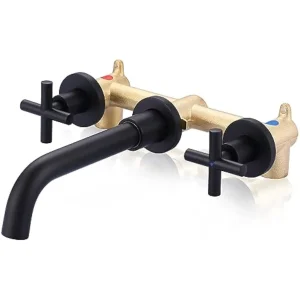 Wall Mount Matte Black Bathroom Faucet 2 Handle Vessel Sink Mixer Tap Set