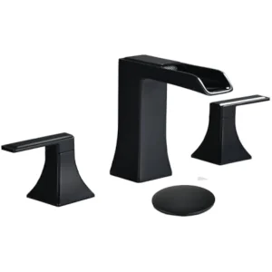 Matte Black Waterfall Bathroom Faucet 3 Hole Widespread Design with Double Handles and Drain Kit